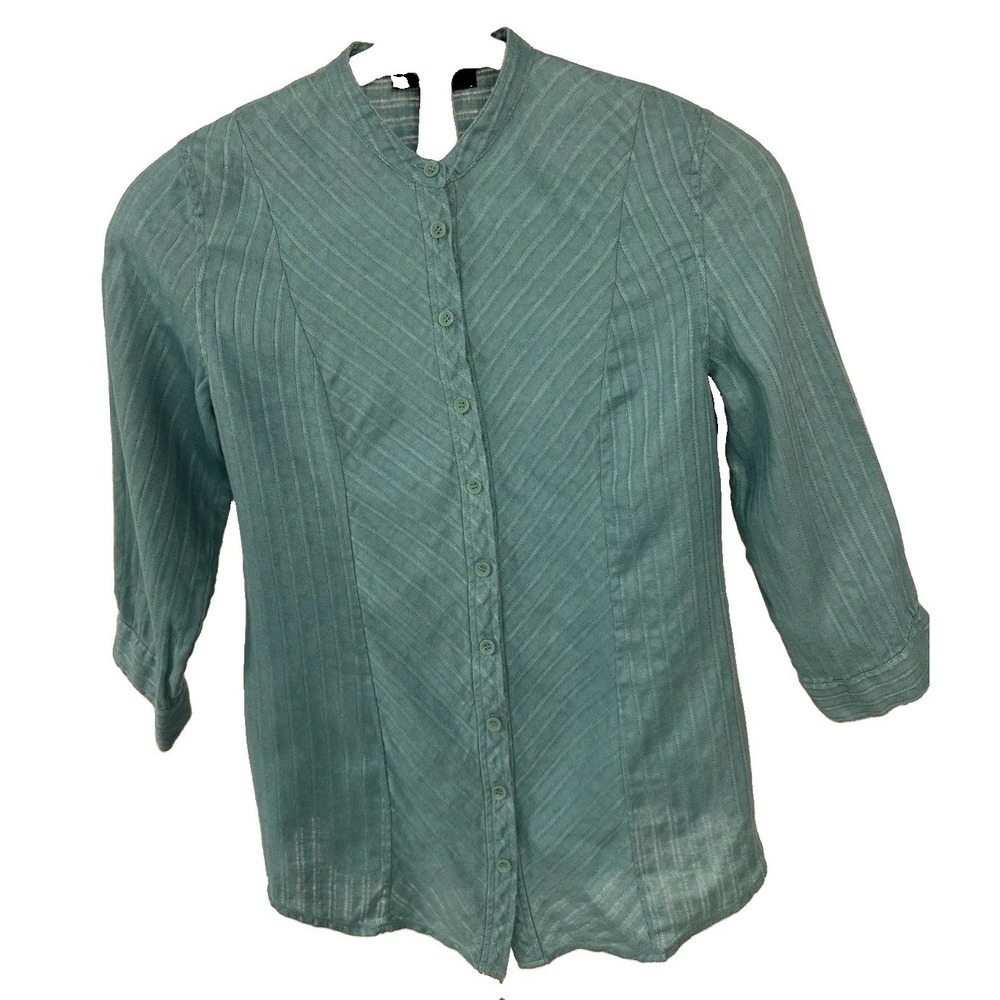 Style & Co Turquoise Blouse Women's Sz 4  3/4 Sleeves 100% Linen